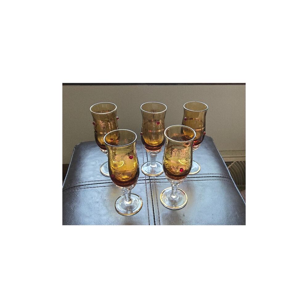 5 1930 Murano Tulip Cordial Glasses 22k Gold Trim and Filigree w/ Red Jewels